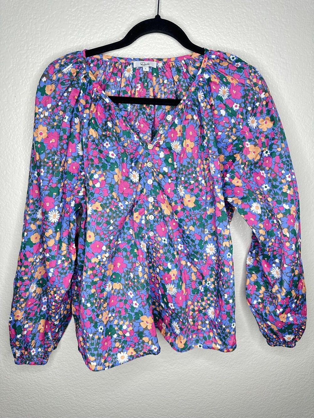 Rails Shirt Womens Large Blue Leilani Floral Boho Peasant Blouse Button Front